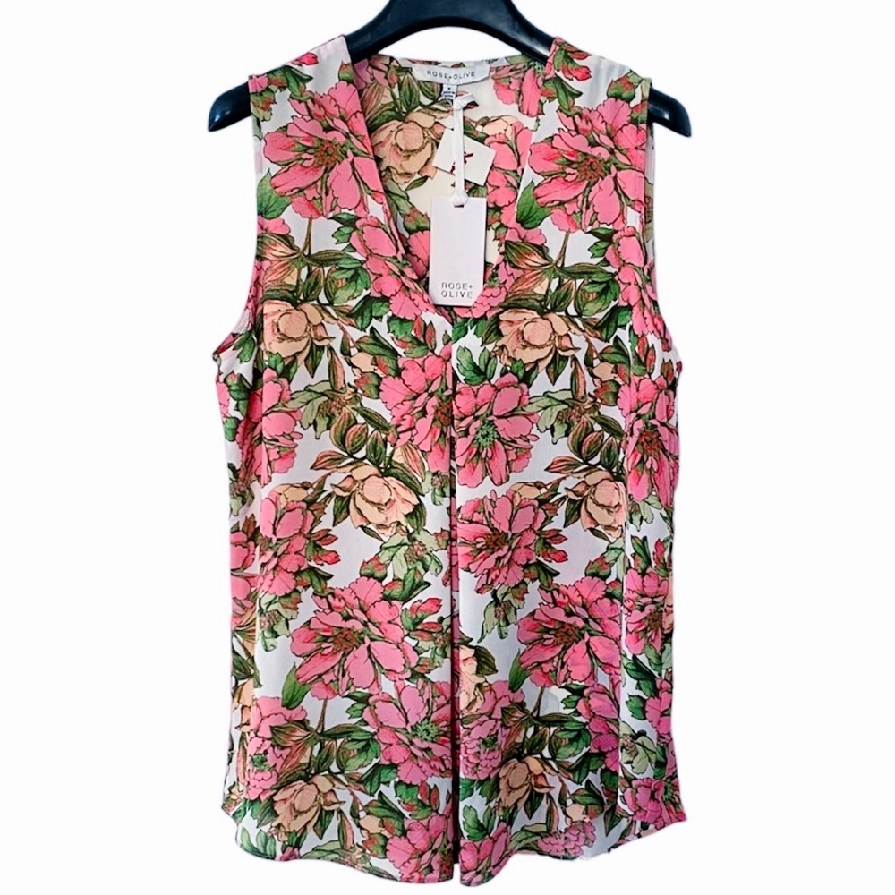 Rose & Olive Floral Sleeveless Blouse Size Small, Pink Green, Inverted Pleat NWT